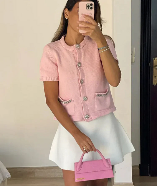 Women's Pink Short Sleeve Rhinestone Cardigan