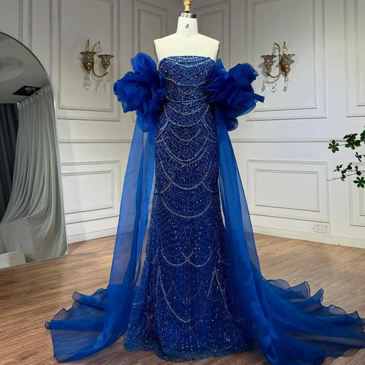 Strapless Mermaid Beaded Puff Sleeves Formal Gown