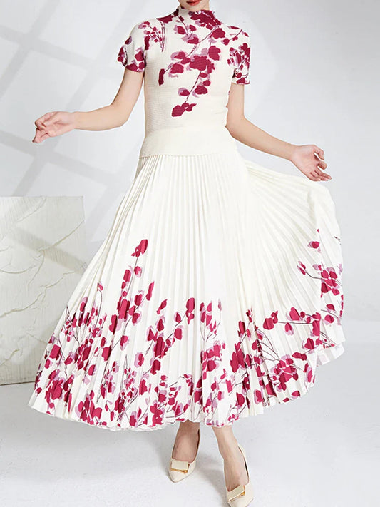 Printed Top and Pleated Long Skirt Suit