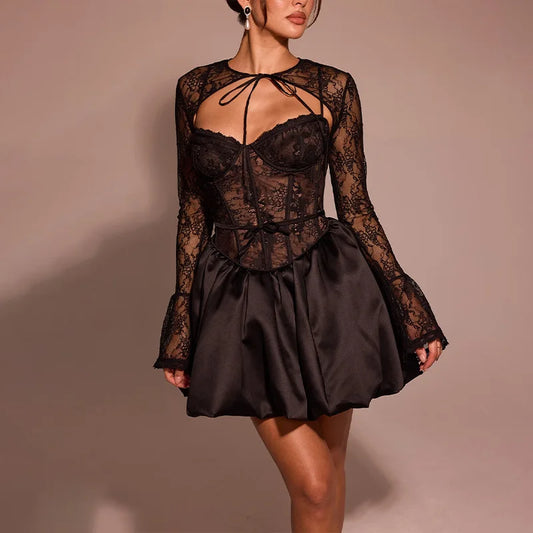 Black Lace Long Sleeve Flare Mini Dress
