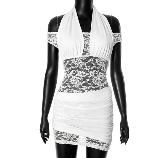 Halter Off the shoulder White Lace Mini Dress