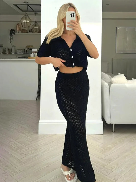 Knit Hollow Out Top and Long Skirt Suit