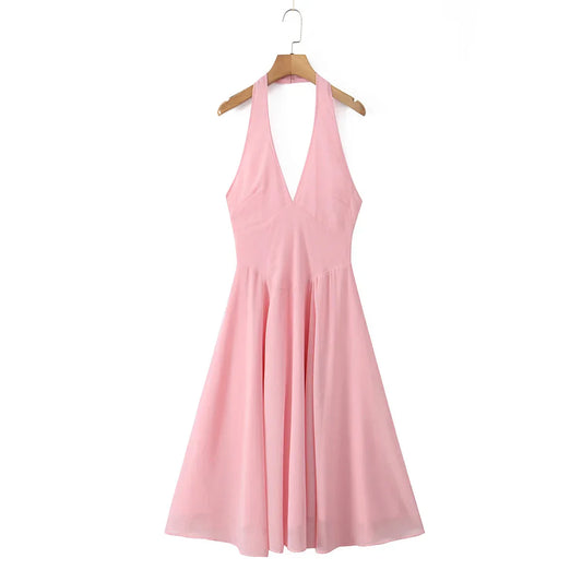 Pink Deep V Collar Halter Sling Midi Dress