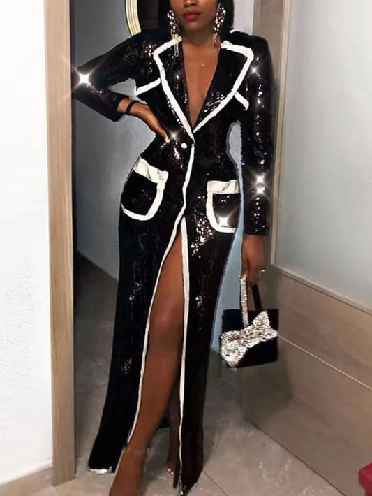 Black Sequins V-Neck Double-Breasted Full Sleeved Long Jacket