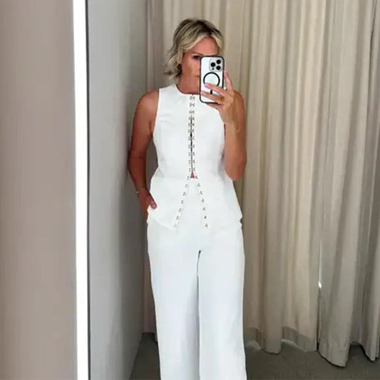 Solid Sleeveless Vest High Waist Straight Pant Suit