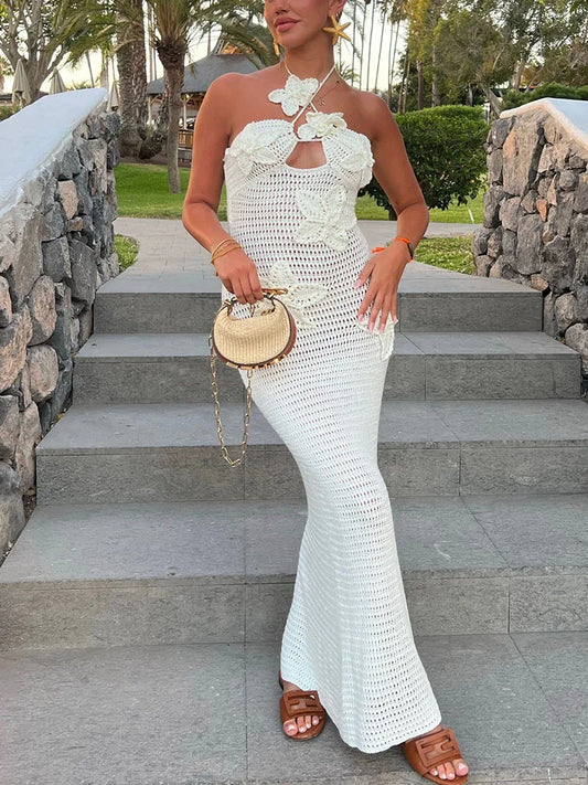 Floral Halter Maxi Dress Summer Splice Backless Design