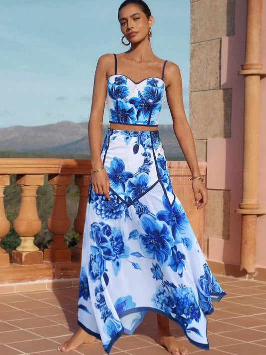 Deep V Cutout Color Block Two Piece Set blue set / S