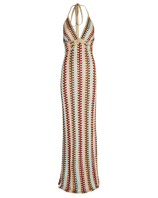Deep V-neck Crochet Halter Backless Maxi Dress