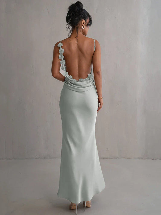 Floral Draped Open Back Spaghetti Strap Maxi Dress