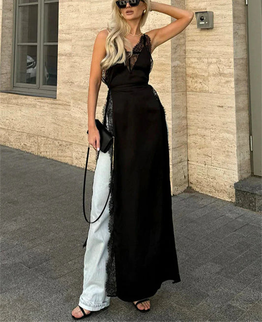 Lace Satin Patchwork High Split Maxi Dress