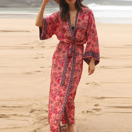 Retro Floral V-Neck Beach Cover Up 02 Red / One Size