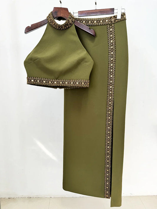 Beaded Diamond Two-Piece Crop Top Split Skirt Set