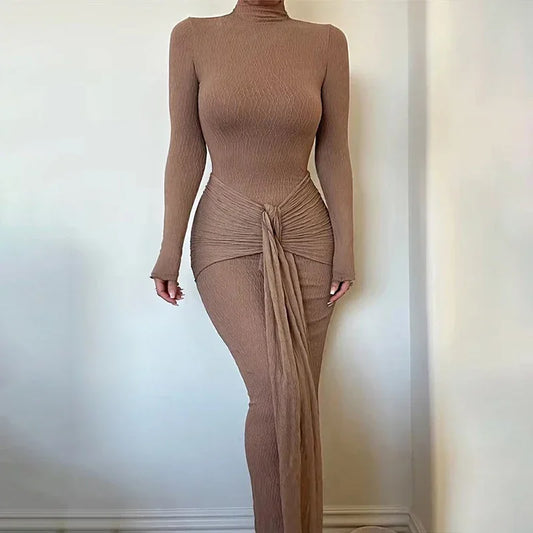 Long Sleeve Drape Turtleneck Maxi Dress