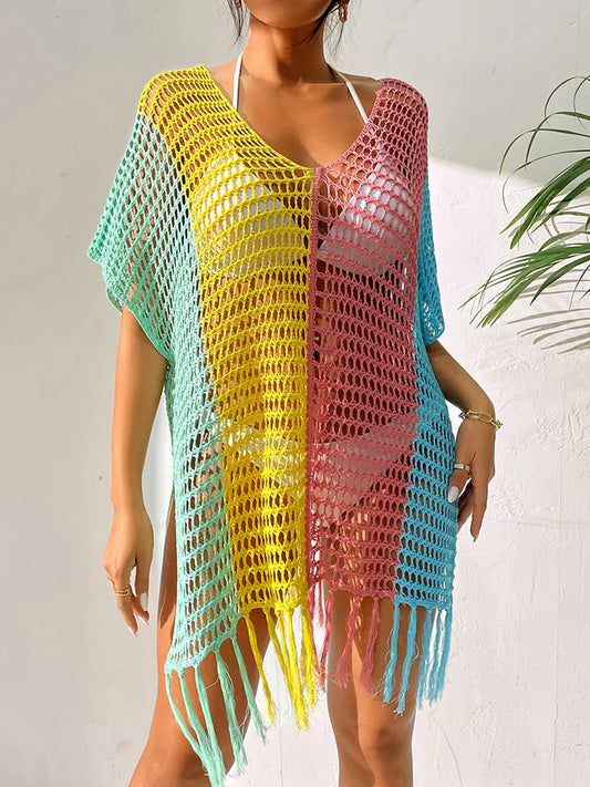 Contrast Color Tassel Hollow Beach Cover Up