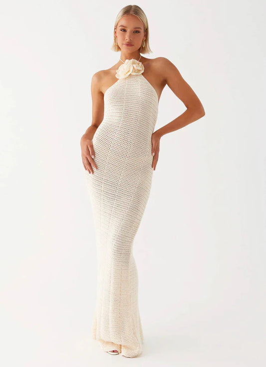 Knitted Crochet Slim Halter Beachwear Cover-Up Dress