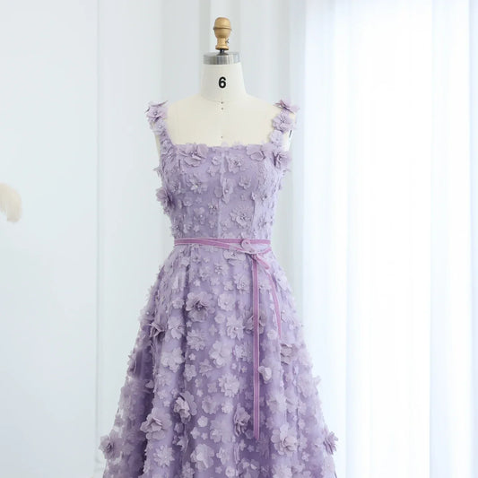 Lilac 3D Embroidered Flowers High Slit Evening Dress