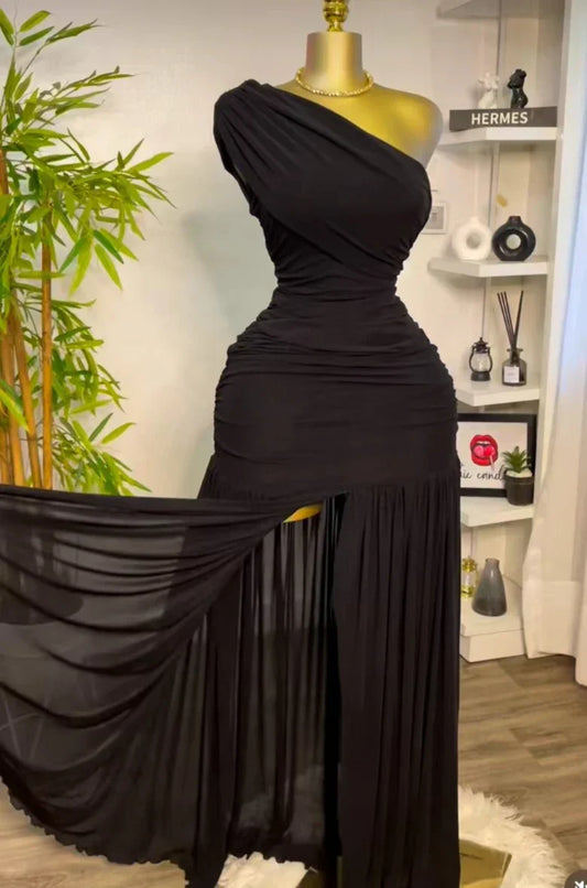 One Shoulder Mesh Solid Maxi Dress