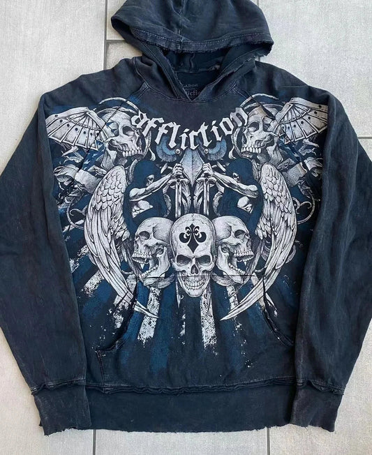 Dark Skull Print Baggy Hoodie black / S
