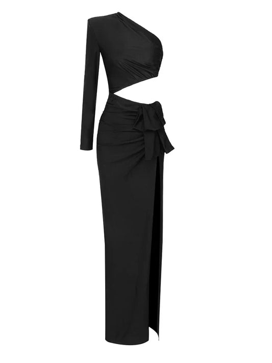 Black Inclined Shoulder High Split Draped Maxi Dress