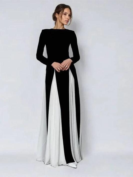 Pleated Patchwork Long Sleeve Maxi Dress