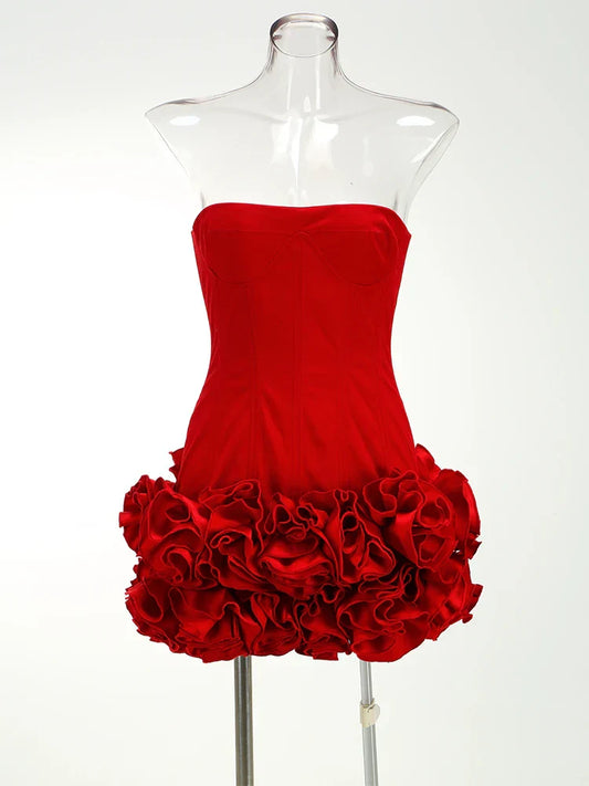 Red Flower Strapless Luxury Party Dress