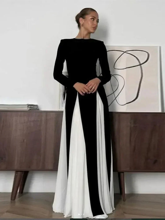 Pleated Patchwork Long Sleeve Maxi Dress