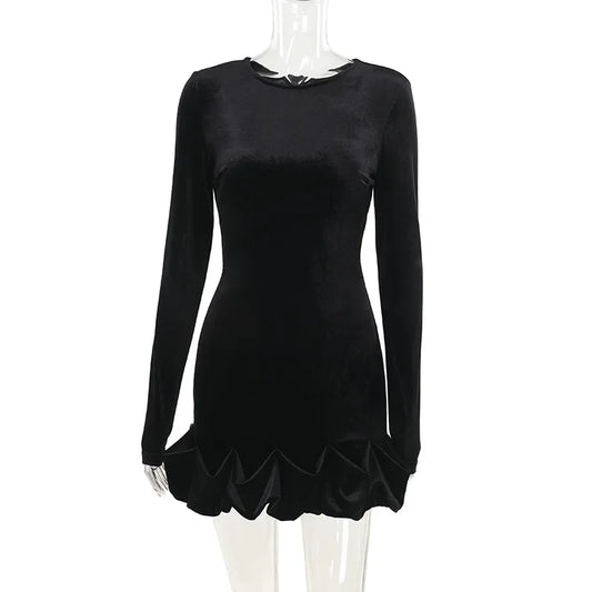 Velvet 3D Pleated Hem Long Sleeve Dress