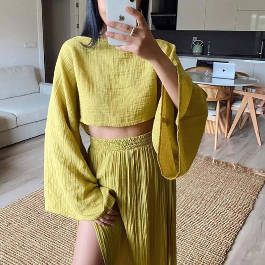 Linen Flare Sleeve Top & Slit Skirt Set