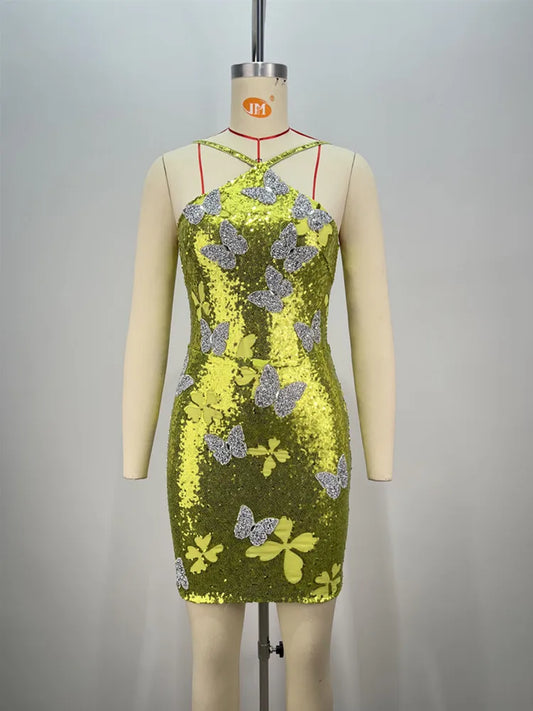 Sleeveless Mesh Sequins Butterfly Mini Dress