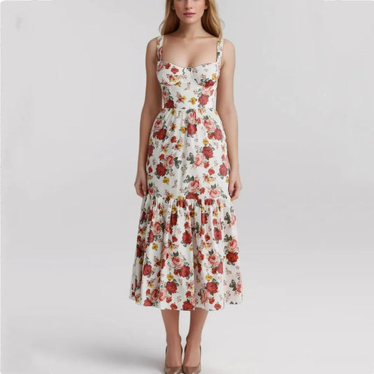 Flower Print Corset Style Ruffles Hem Midi Dress