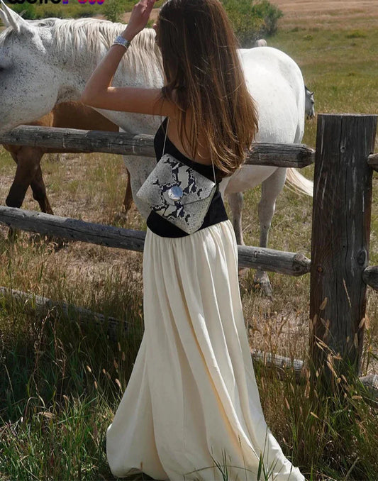 Contrast Patchwork Halter Backless Long Bodycon Dress