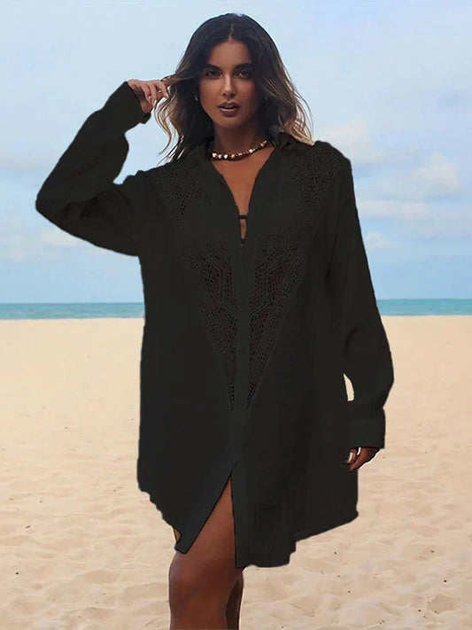 Spliced Lace Turn-Down Collar Cover Up Black / One Size