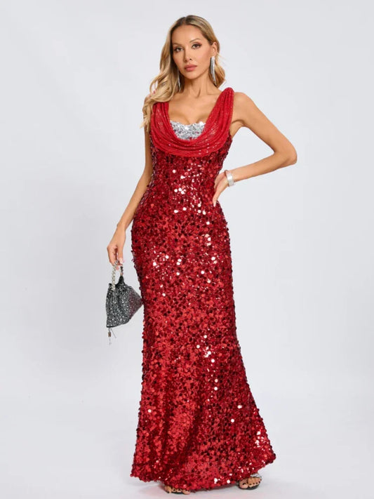 Swinging Neck Sequins Red Long Dress