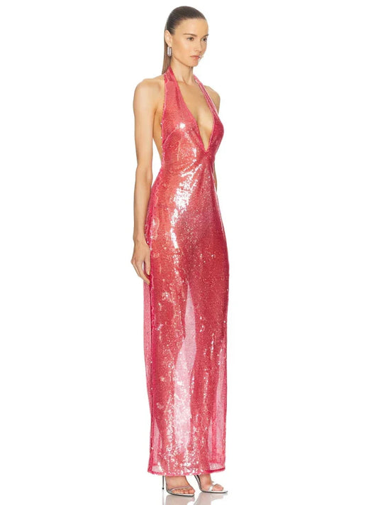 Halter Sheer Sequins Long Dress