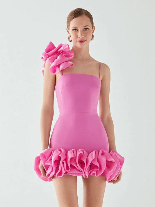 Pink One Shoulder Ruffles Mini Dress