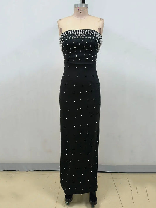 Pearl Design Bandage Strapless Long Dress