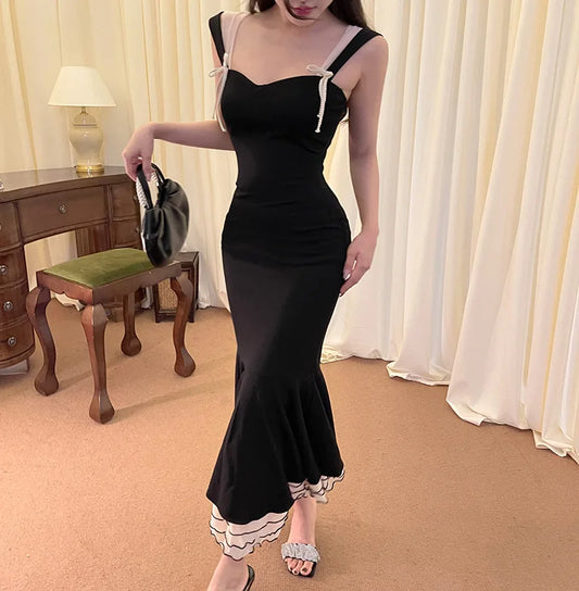 Black Ruffle Trim Fishtail Midi Dress