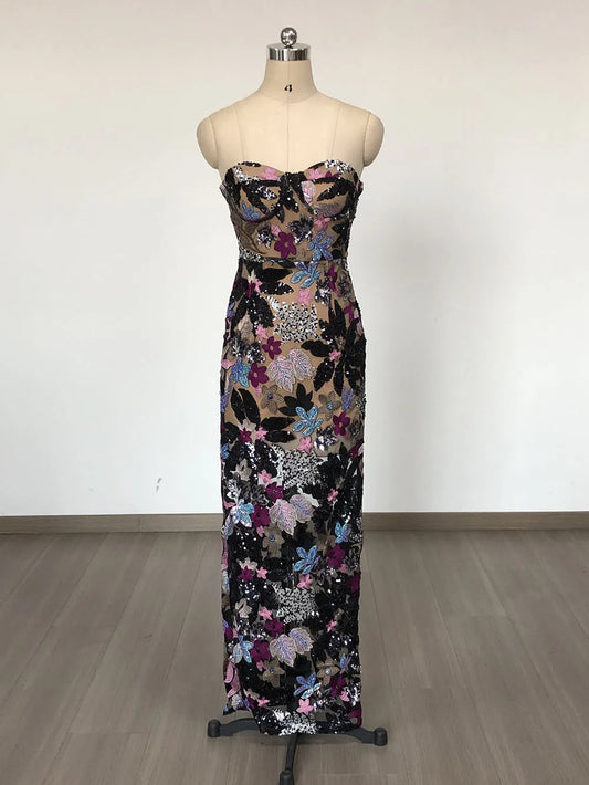 Sequin Floral Strapless Maxi Dress