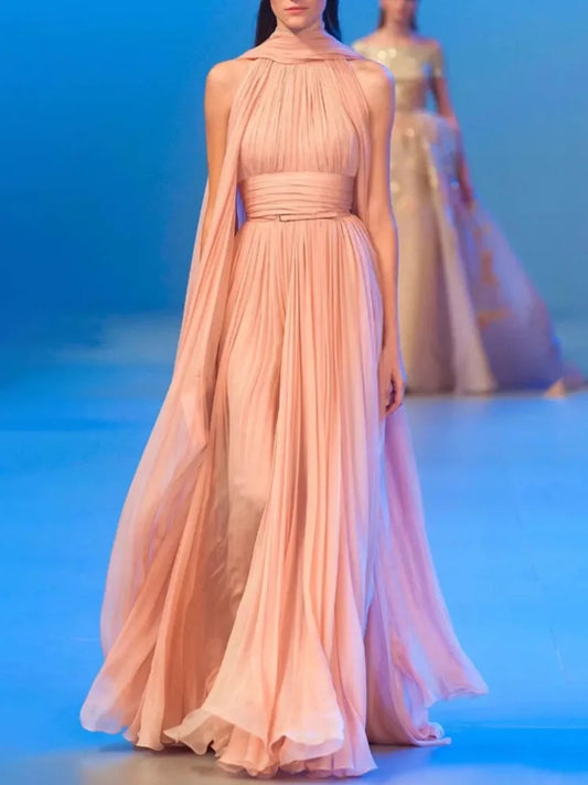Ribbon Sleeveless Pleated Solid Long Dress