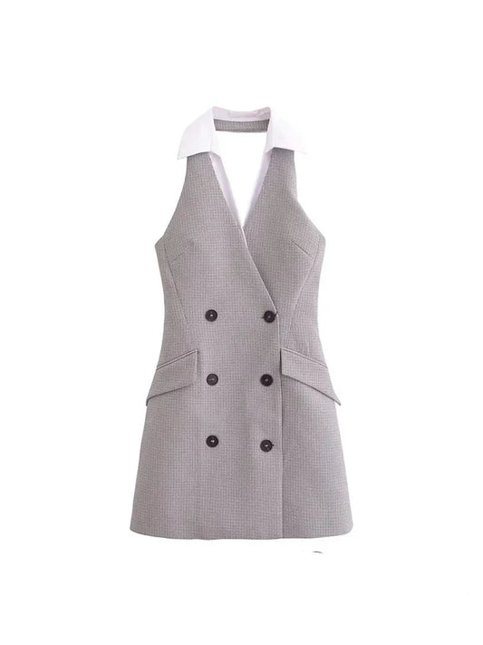 Plaid Halter Sleeveless Button Dress