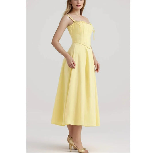 Yellow Slit Midi Dress and Cross Lacing up Top Set