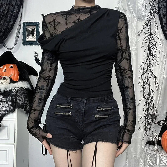 Obscure Gothic Net Patchwork Blouse Black / S