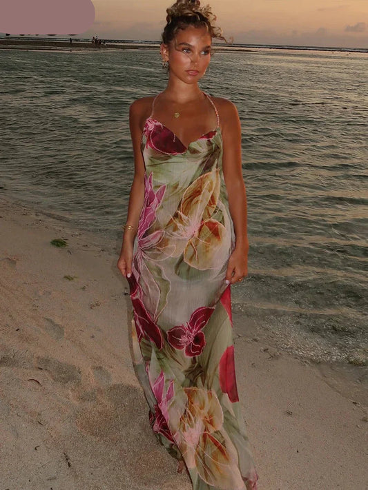 Floral Print Backless Halter Dress with Split for Women