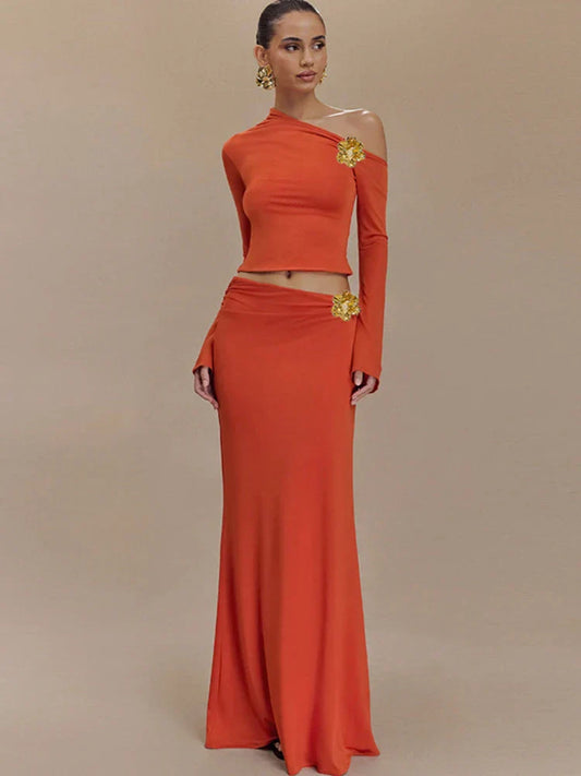 3D Floral-applique Long Sleeve Skirt Suit