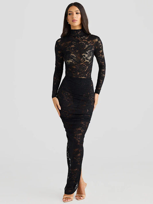 Turtleneck Top And Floral Split Long Skirt Sets