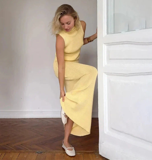 High Neck Knitting Top and Solid Long Skirt Suit