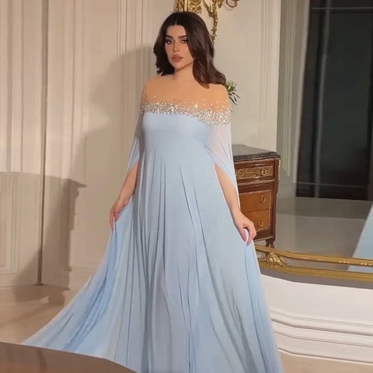 Crystal Baby Blue Evening Dress with Cape| Kaftan Gowns| Customized