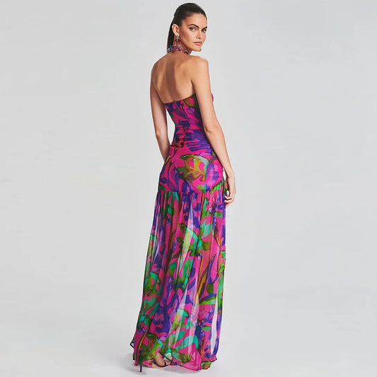 Strapless Retro Print Split Long Dress