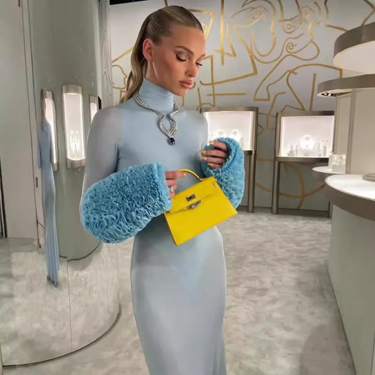 Ruffle Pleated Sleeve Blue Long Dress for Women