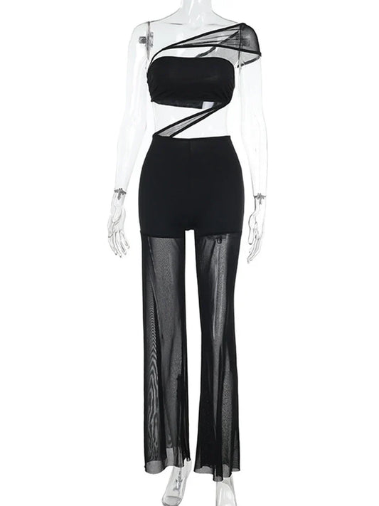 Mesh Patchwork One Piece Wide Leg Pants Jumpsuit